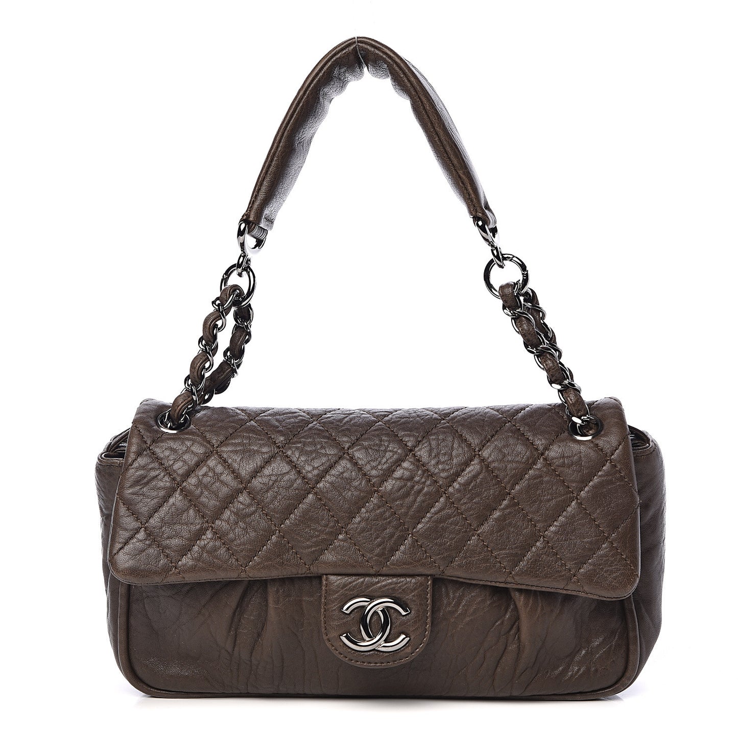 Distressed Lambskin Lady Braid Flap Brown