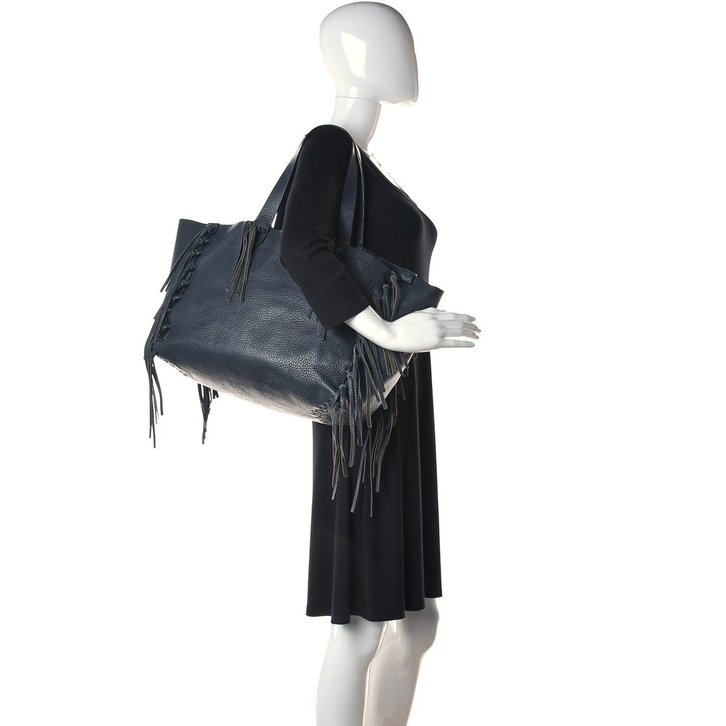 Grained Calfskin Rockstud C-Rockee Fringe Tote Deep Blue