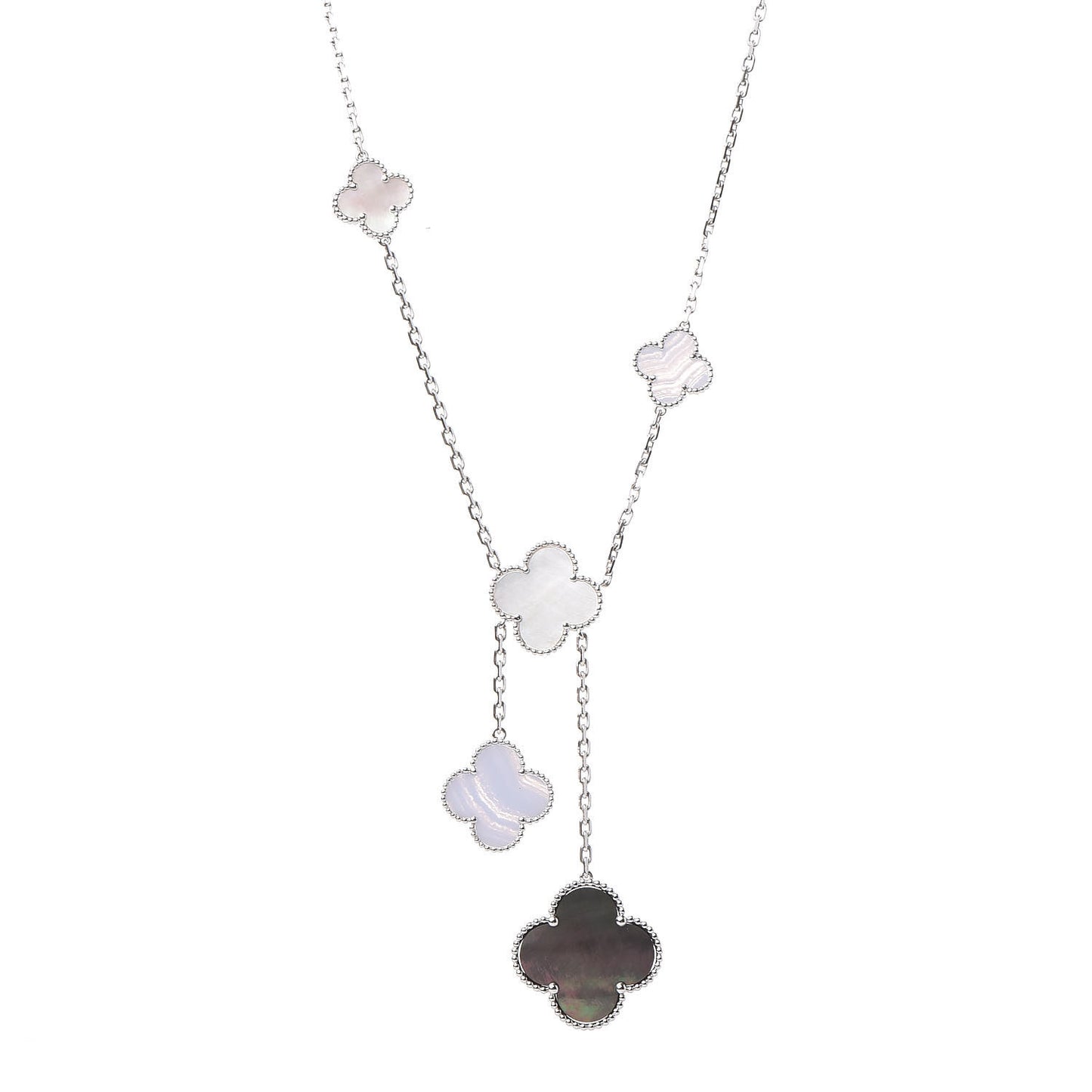 18K White Gold Mother of Pearl Chalcedony 6 Motifs Magic Alhambra Necklace