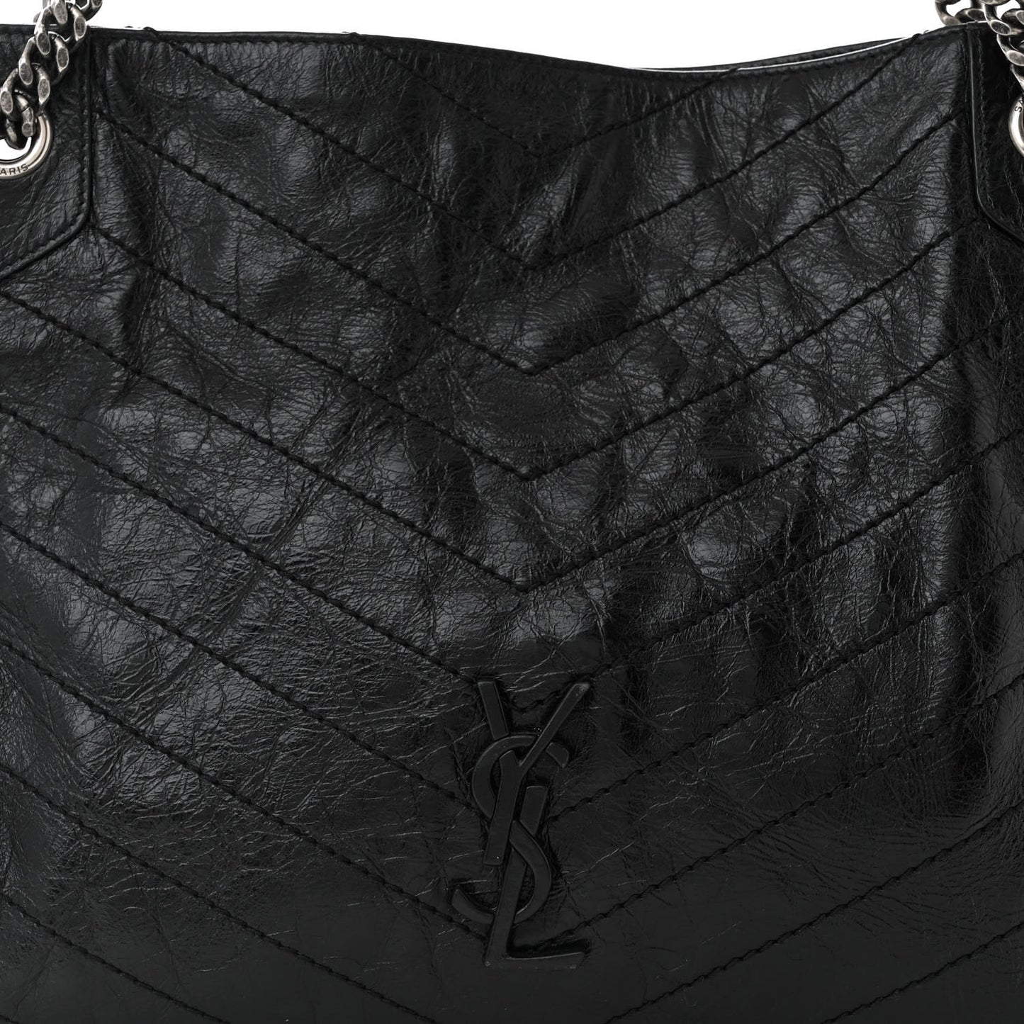 Crinkled Calfskin Matelasse Monogram Medium Niki Shopper Tote Black