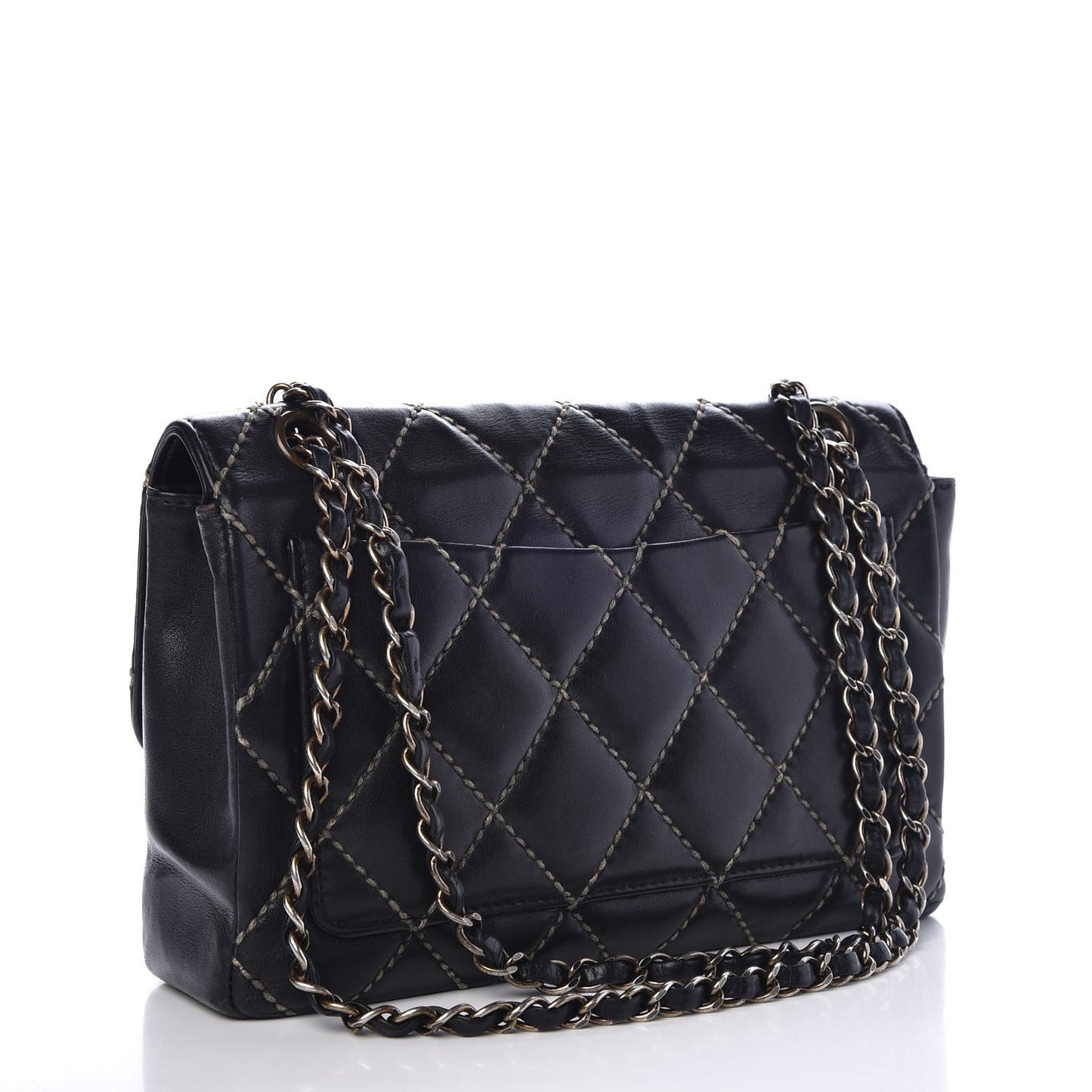 Calfskin Quilted Contrast Stitch Medium Flap Black