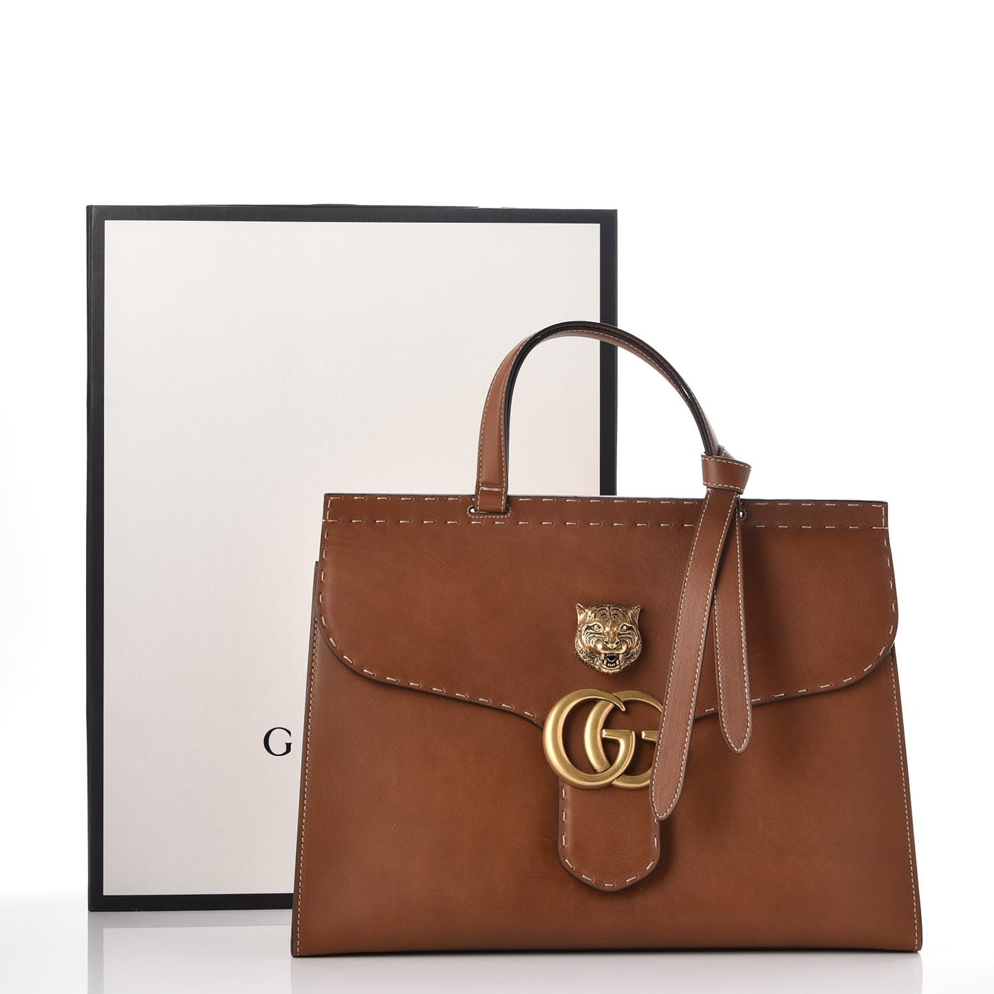 Calfskin Feline Medium GG Marmont Top Handle Bag Brown