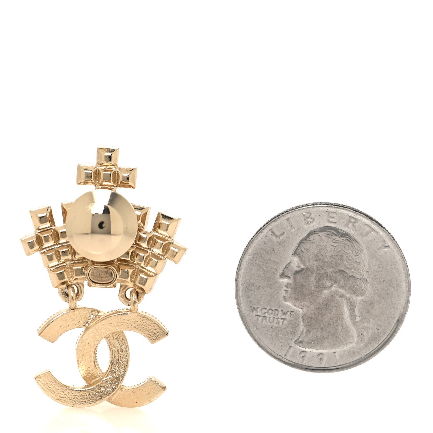 Chanel Pearl Crystal CC Crown Brooch Gold 2 of 4
