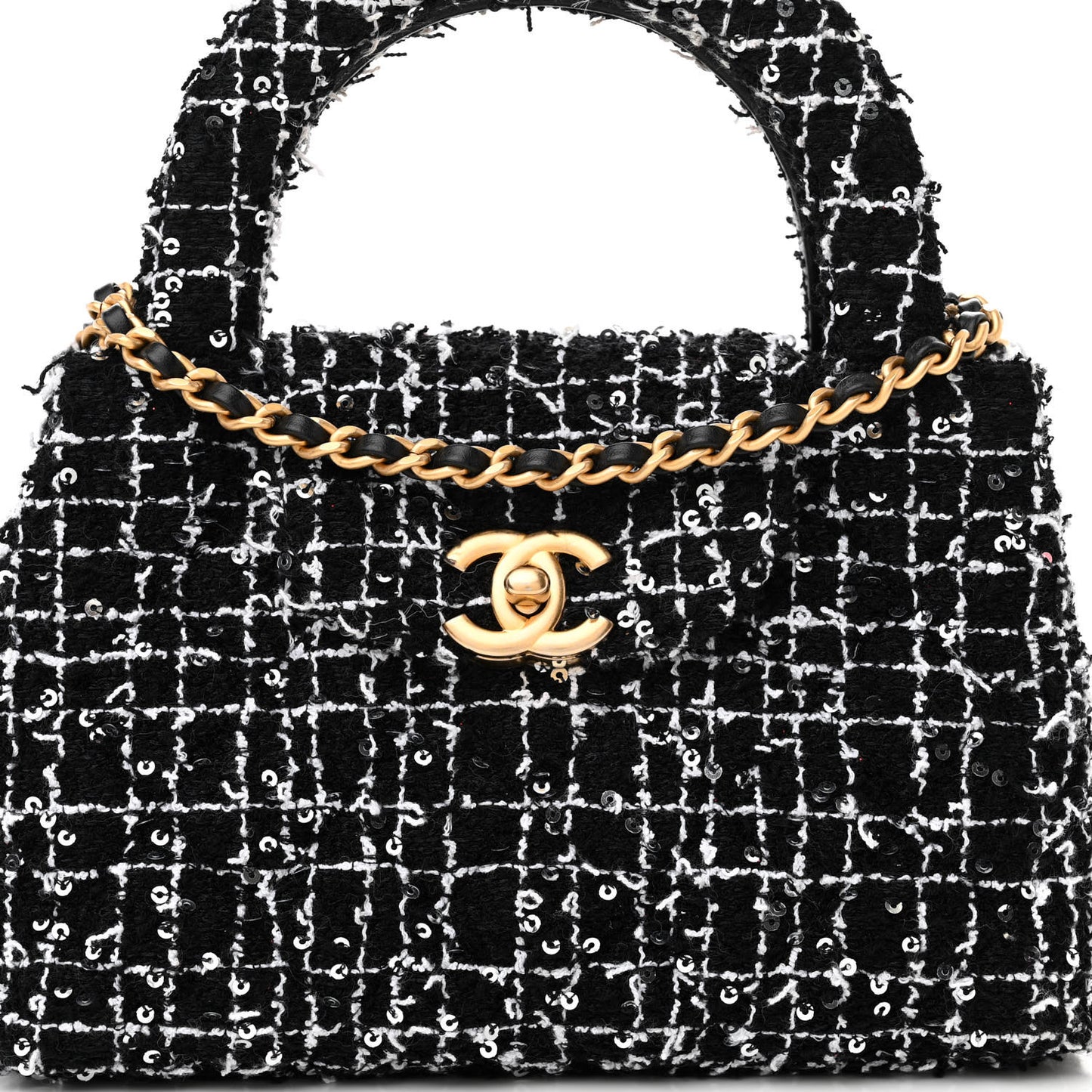 Tweed Quilted Nano Kelly Shopper Black White