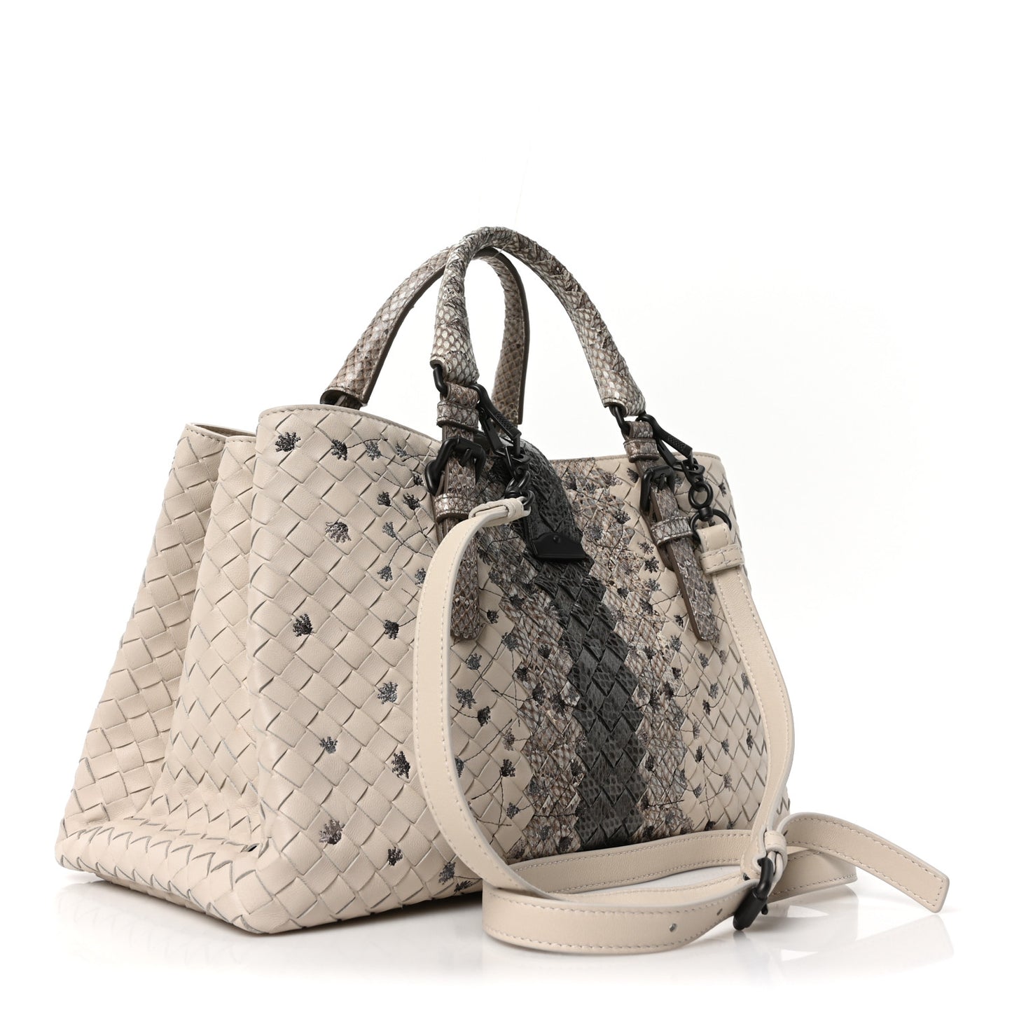 Light Calf Snakeskin Intrecciato Embroidered Small Roma Cream
