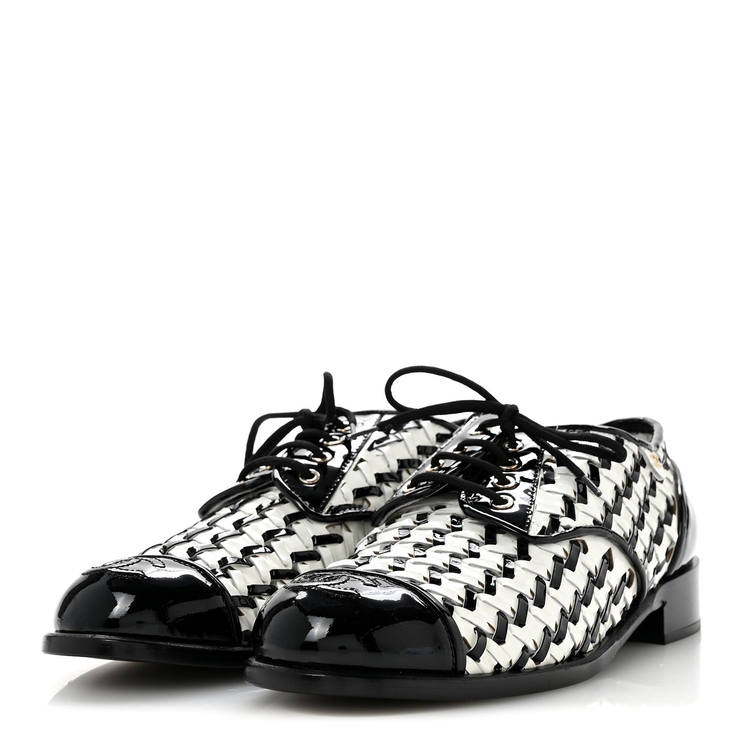 Chanel Lambskin Braided Patent CC Lace Up Oxfords 39 Black White 4 of 11