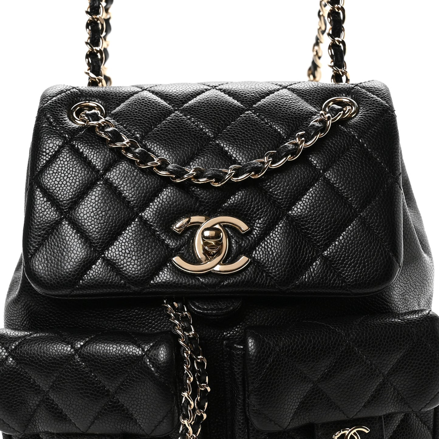 Shiny Caviar Quilted Medium Duma Pockets Drawstring Backpack Black