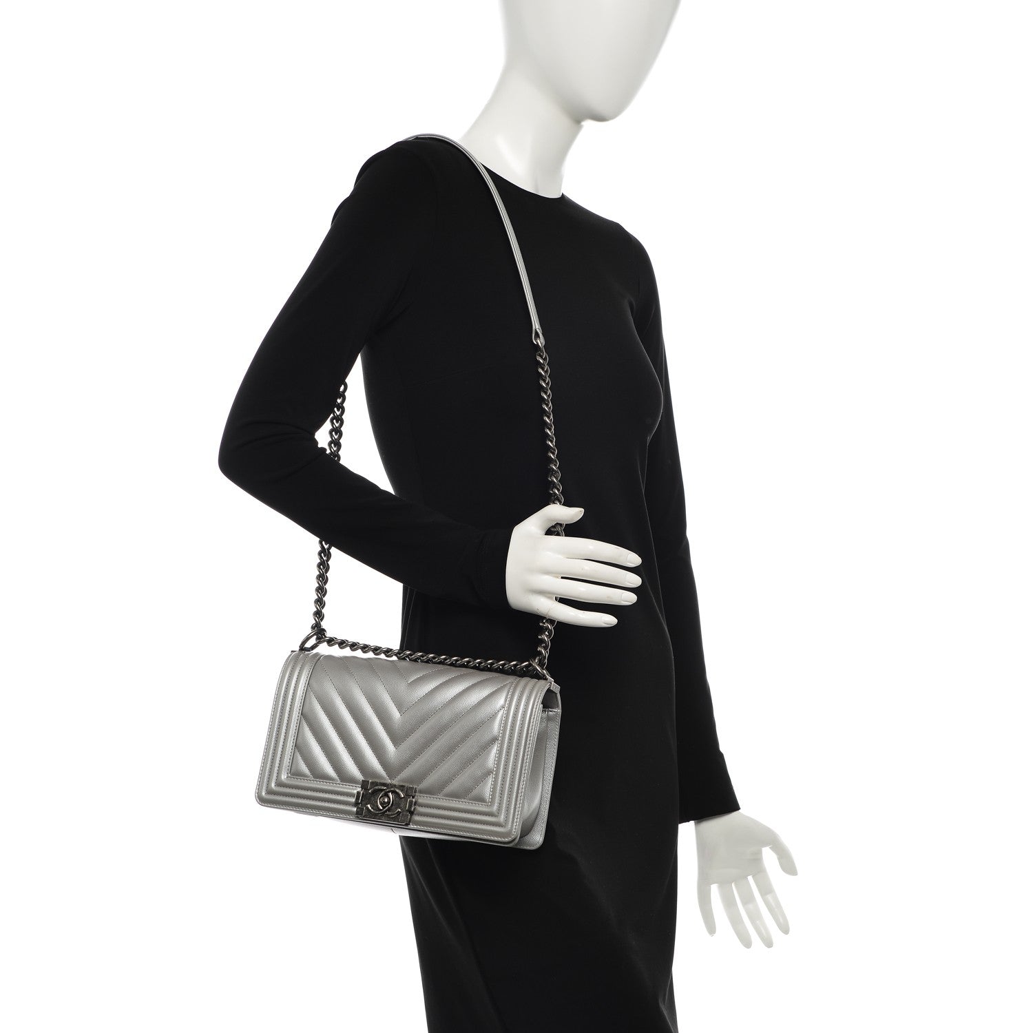 Chanel Metallic Caviar Chevron Medium Boy Flap Silver 2 of 7