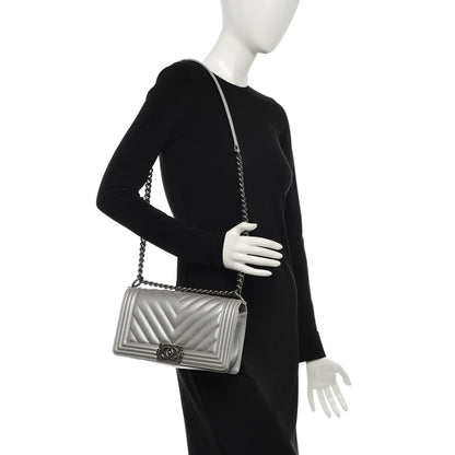 Chanel Metallic Caviar Chevron Medium Boy Flap Silver 2 of 7
