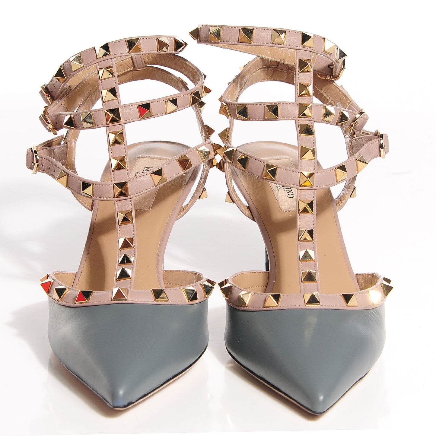 Nappa Rockstud Ankle Strap Low Heel Pumps 40 Stone Poudre