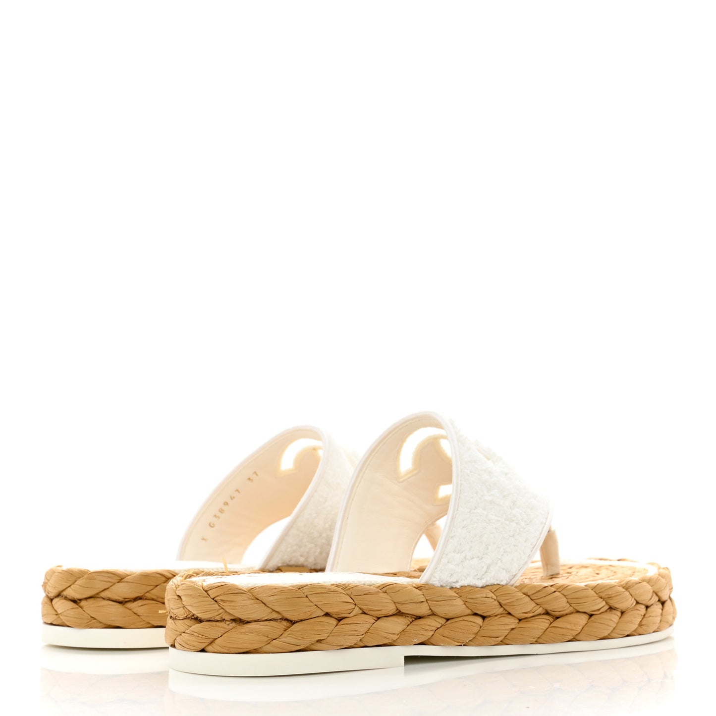 Terry Cloth Raffia CC Logo Thong Sandals 37 White