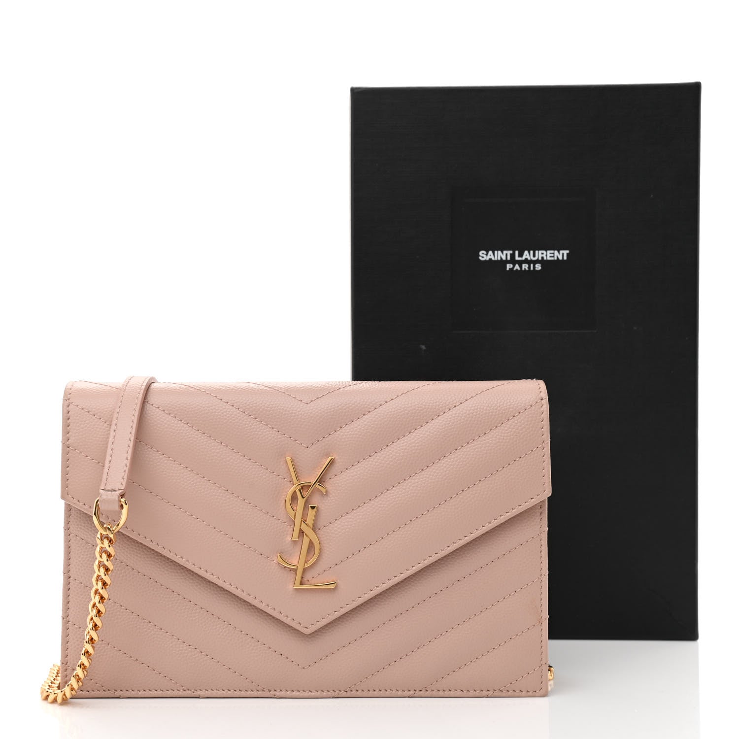 Saint Laurent Grain De Poudre Matelasse Chevron Monogram Envelope Chain Wallet Pale Pink 12 of 12