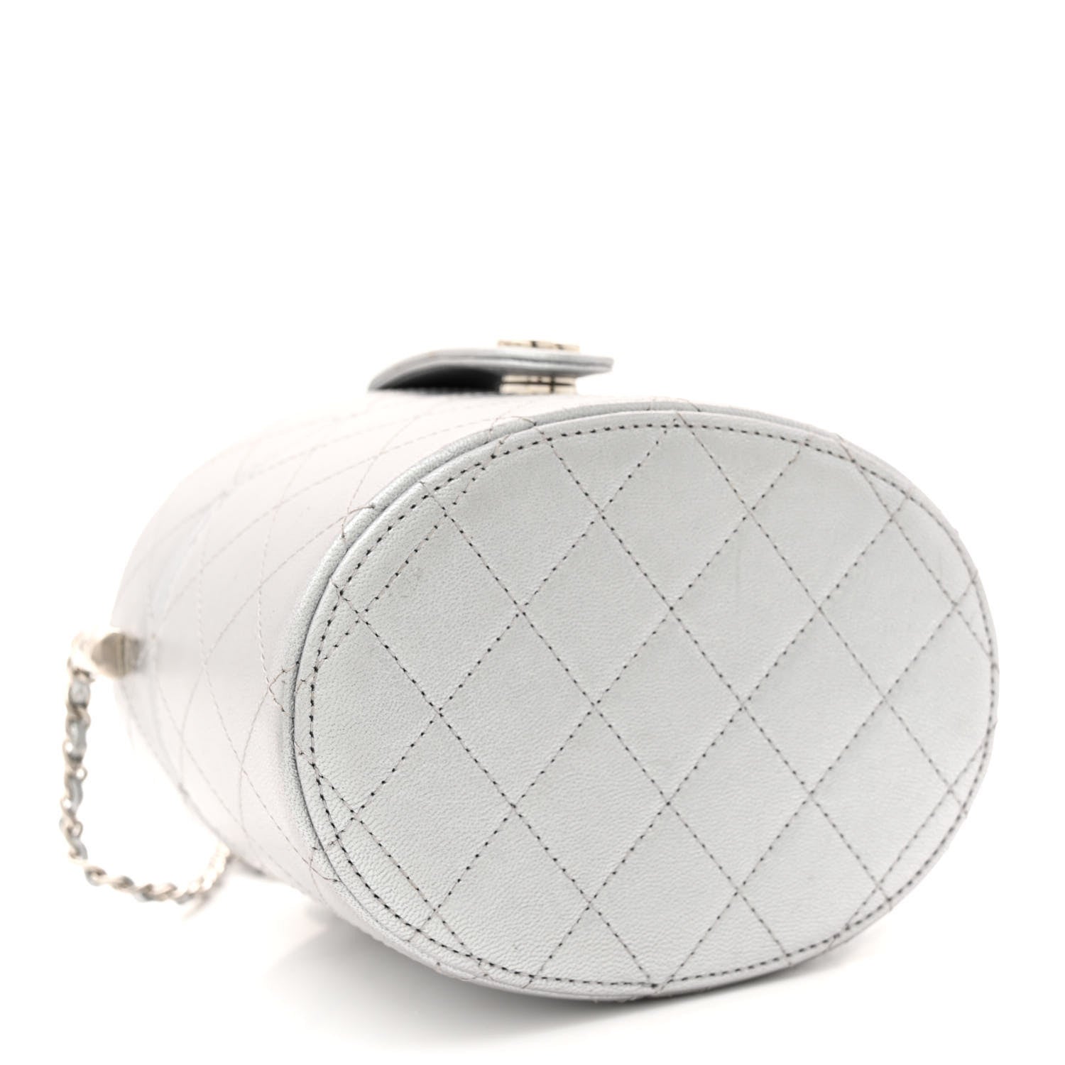 Chanel Metallic Lambskin Quilted Round Vanity Case With Chain Silver 4 of 10