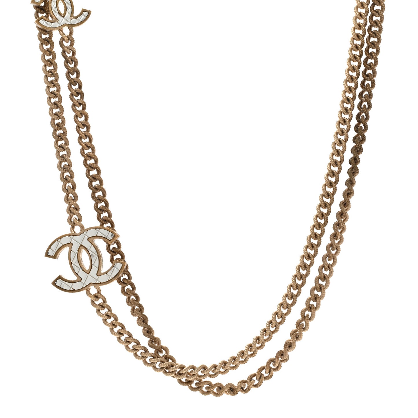 Metal Quilted CC Long Chain Necklace Gold Pearly White