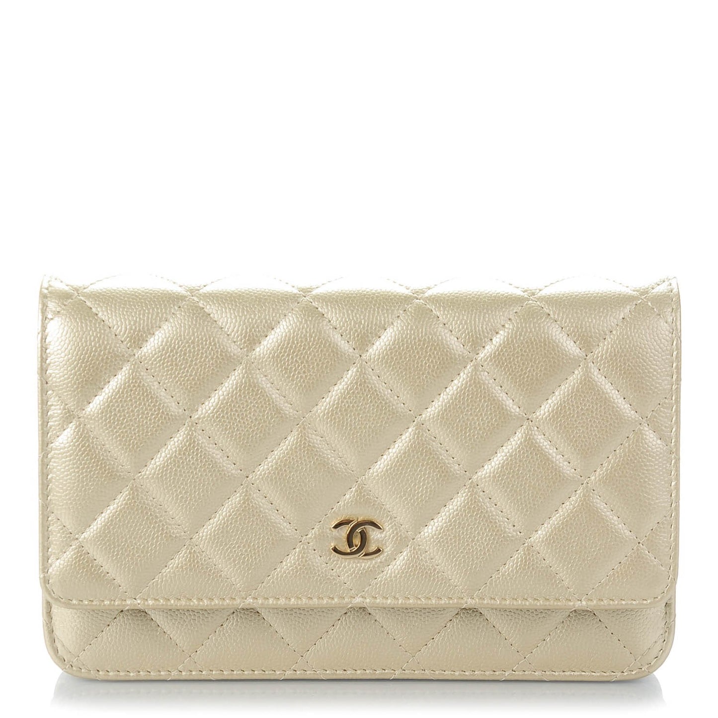 Pearly Caviar Quilted Wallet On Chain WOC Light Gold
