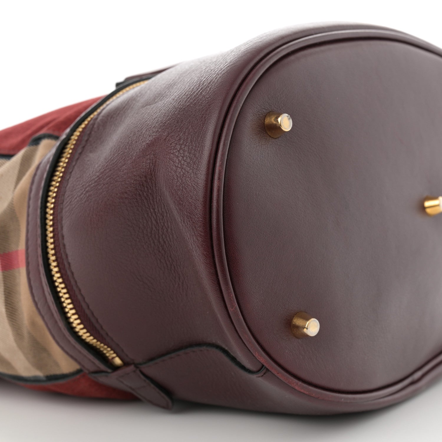 Burberry Nubuck Canvas Check Beckett Bucket Bag Deep Claret 9 of 14