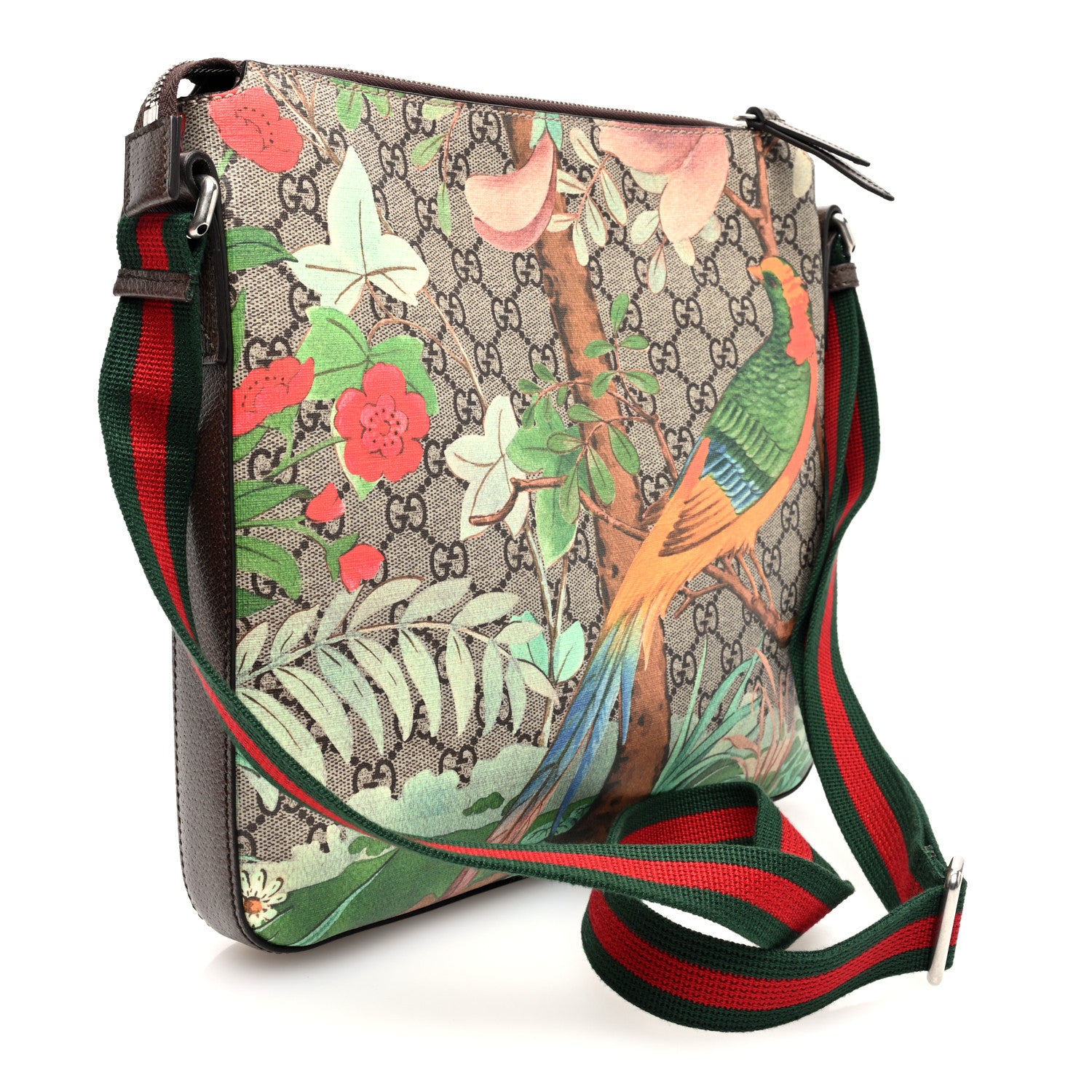 Gucci GG Supreme Monogram Tian Web Medium Flat Messenger Beige Multicolor New Acero 3 of 10