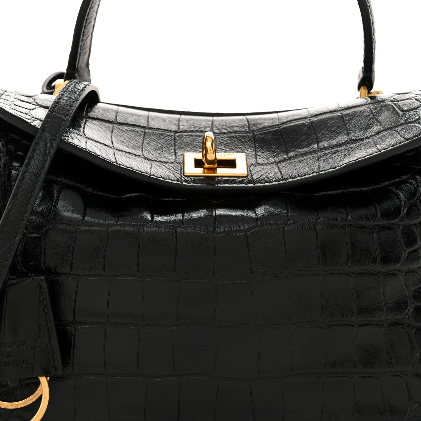 Shiny Calfskin Crocodile Embossed Mini Rodeo Top Handle Handbag Black