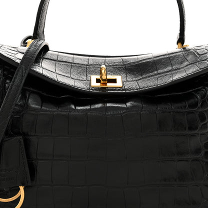 Balenciaga Shiny Calfskin Crocodile Embossed Mini Rodeo Top Handle Handbag Black 7 of 10