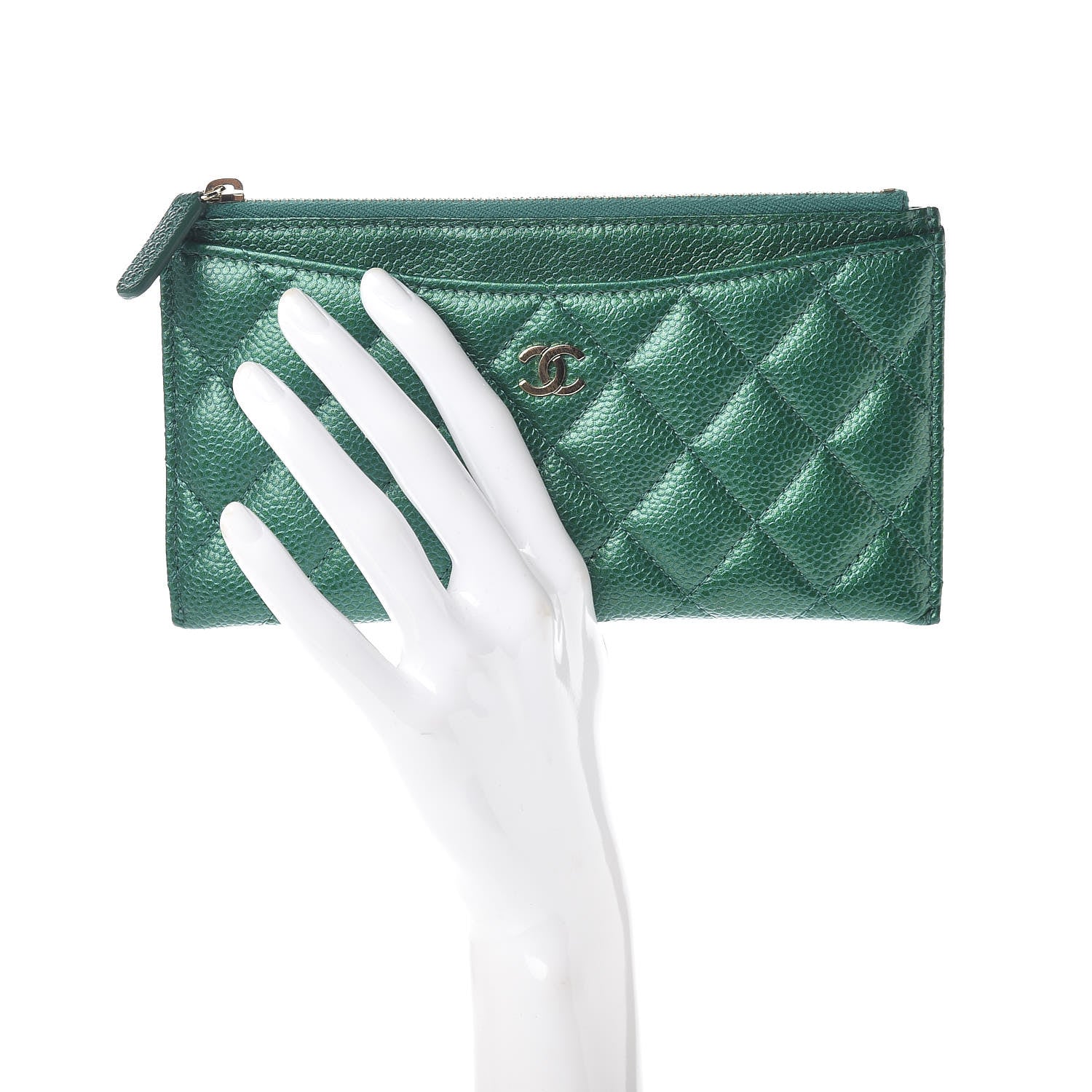 Chanel Metallic Caviar Quilted Classic Zip Pouch Green 2 of 8