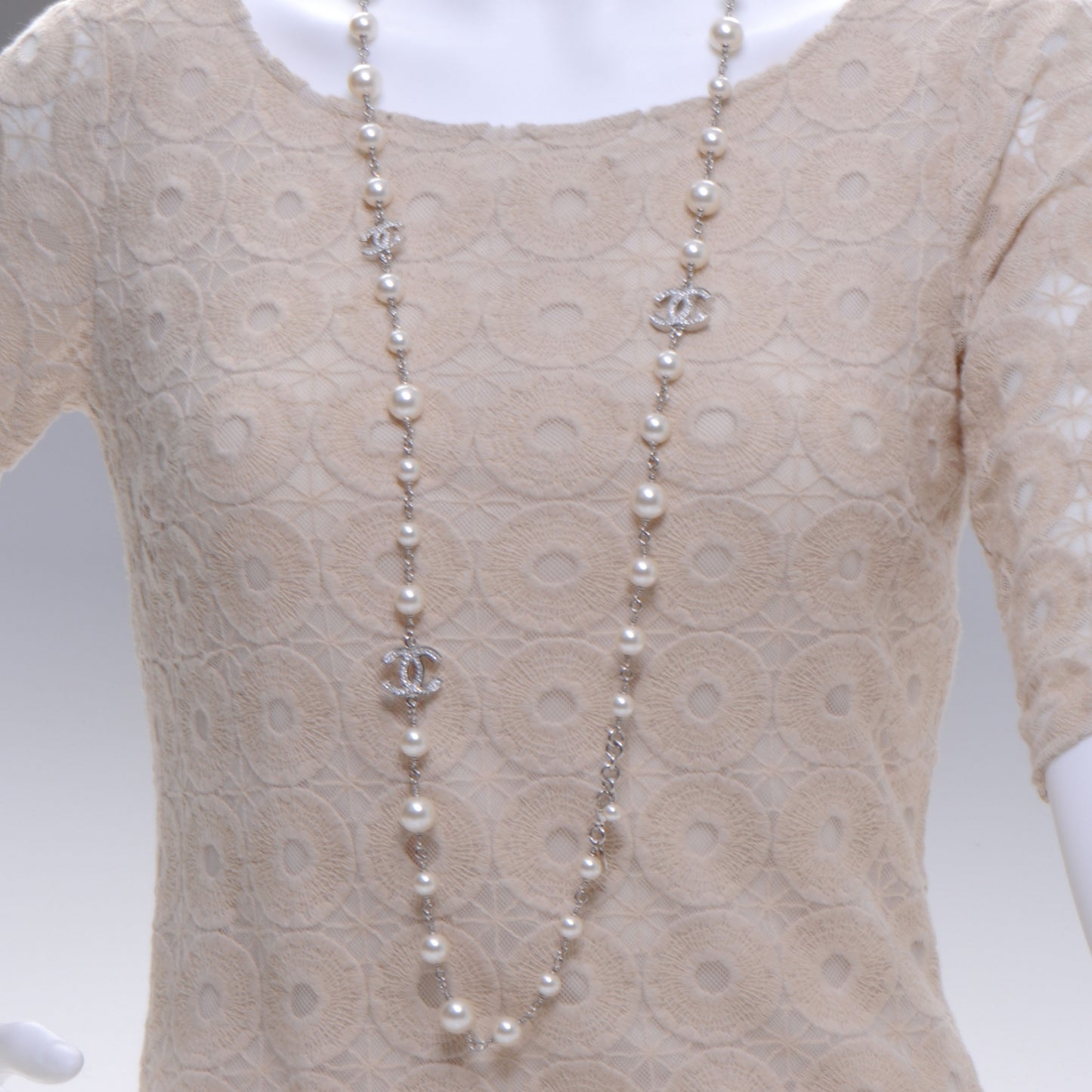 Crystal Pearl CC Long Necklace Silver
