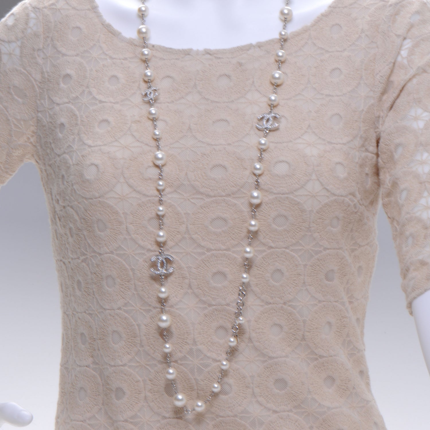 Chanel Crystal Pearl CC Long Necklace Silver 2 of 5