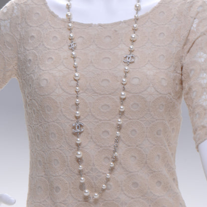 Chanel Crystal Pearl CC Long Necklace Silver 2 of 5