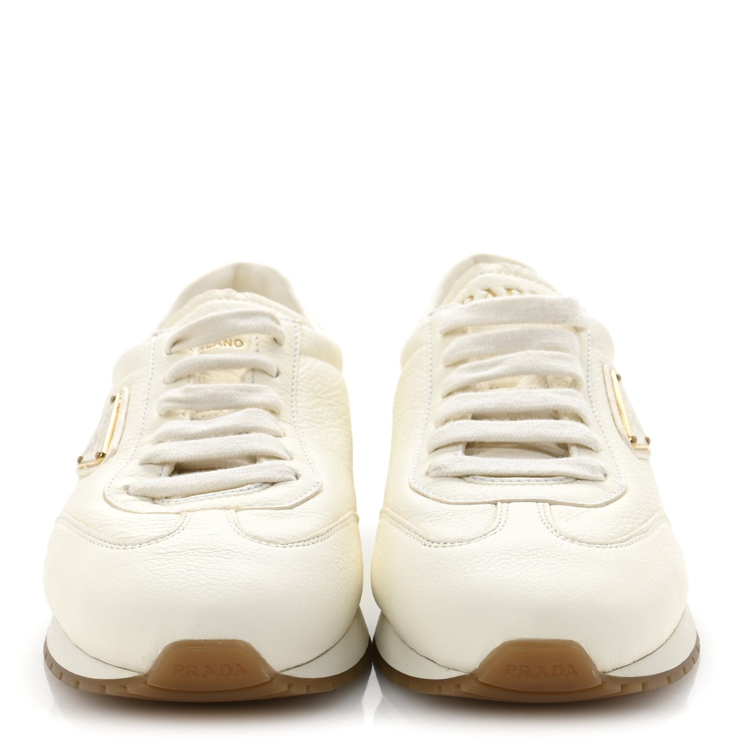 Calfskin Metal Triangle Logo Womens Sneakers 38.5 Neutral