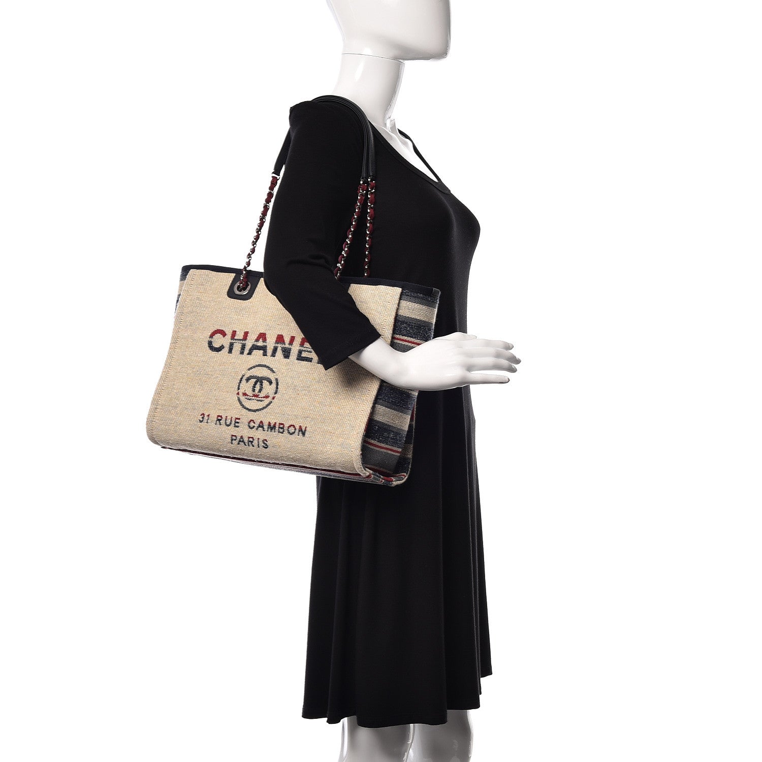 Chanel Striped Canvas Small Deauville Tote Beige 2 of 9