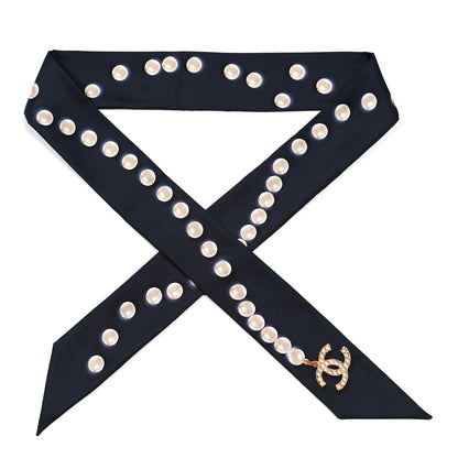 Chanel Silk Pearl CC Slim Bandeau Scarf Navy 1 of 3