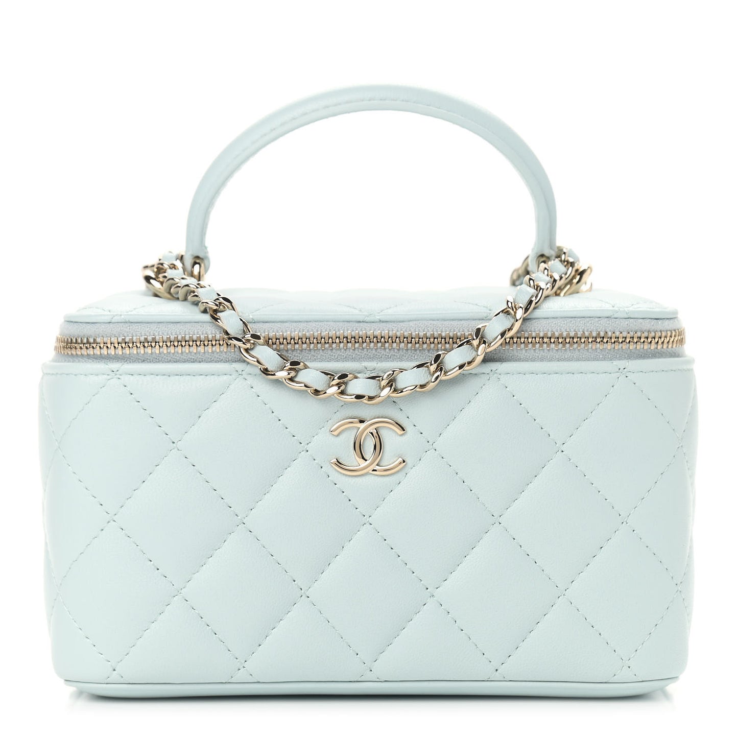 Lambskin Quilted Small Top Handle Vanity Case With Chain Light Blue