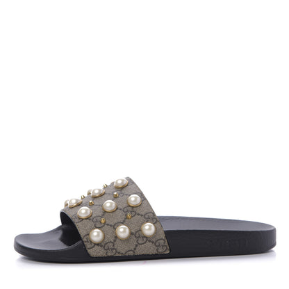 Gucci GG Supreme Monogram Slide Pearls Sandals 39 Beige 1 of 8
