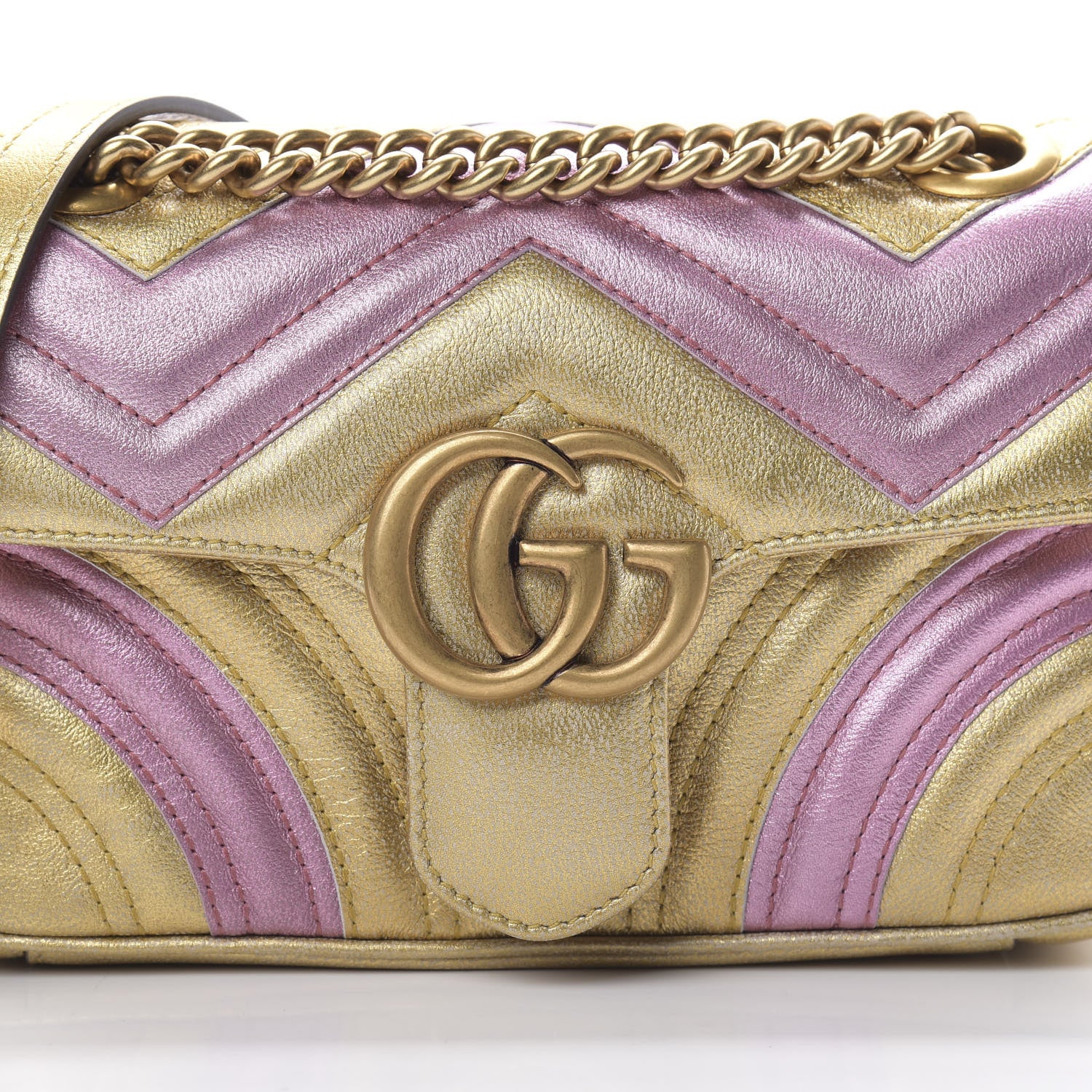 Gucci Metallic Calfskin Matelasse Mini GG Marmont Shoulder Bag Gold Pink 8 of 10