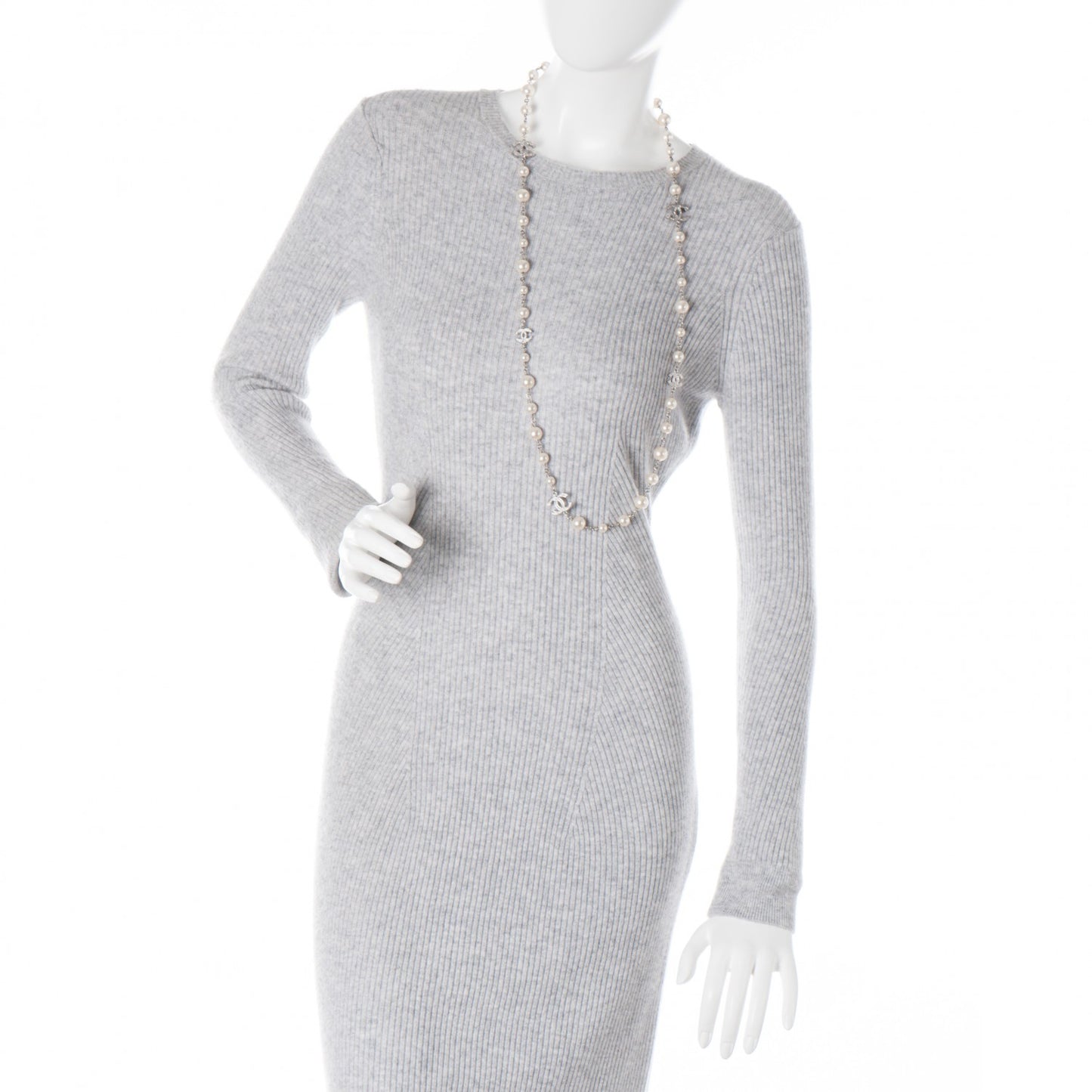 Crystal Pearl CC Long Necklace Silver