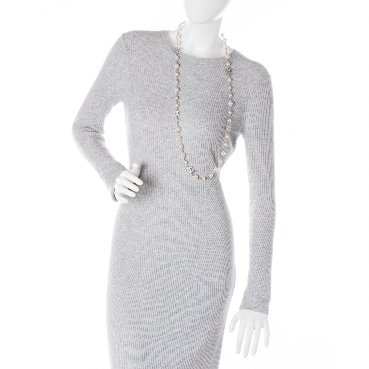Chanel Crystal Pearl CC Long Necklace Silver 2 of 3