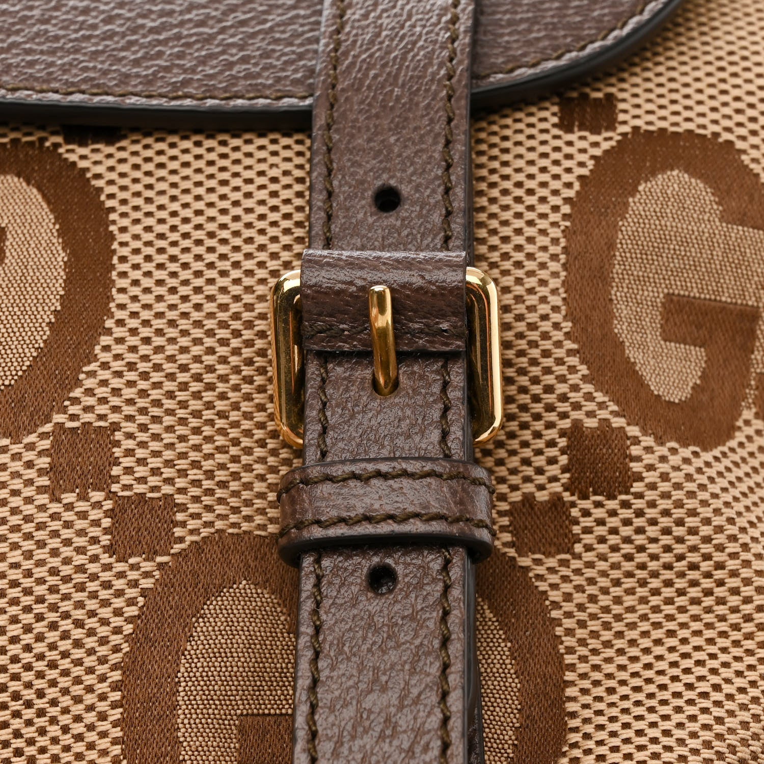 Gucci Monogram Jumbo GG Textured Dollar Calfskin Web Double Buckle Backpack Camel Ebony New Acero 13 of 13