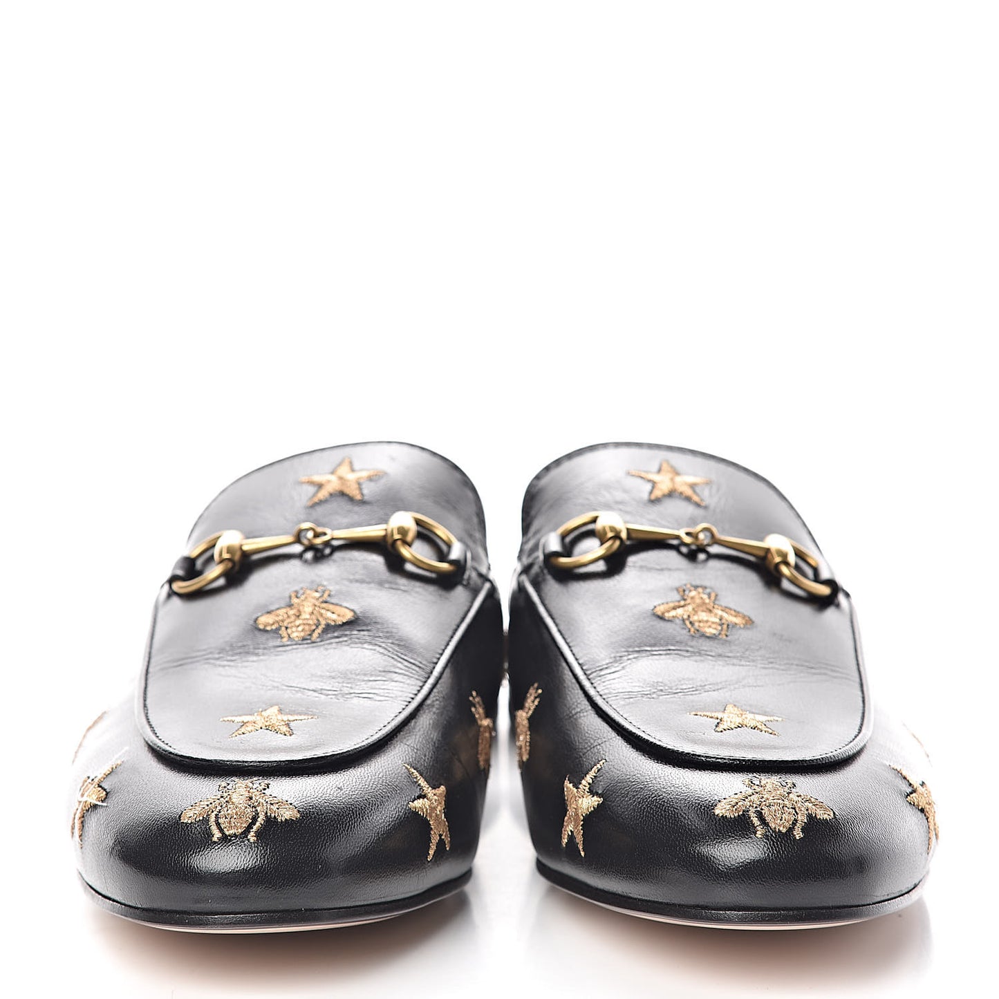 Goatskin Bee Star Embroidered Womens Princetown Slippers 40.5 Black