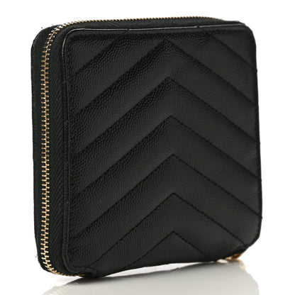 Saint Laurent Grain De Poudre Matelasse Chevron Monogram Compact Zip Around Wallet Black 3 of 21