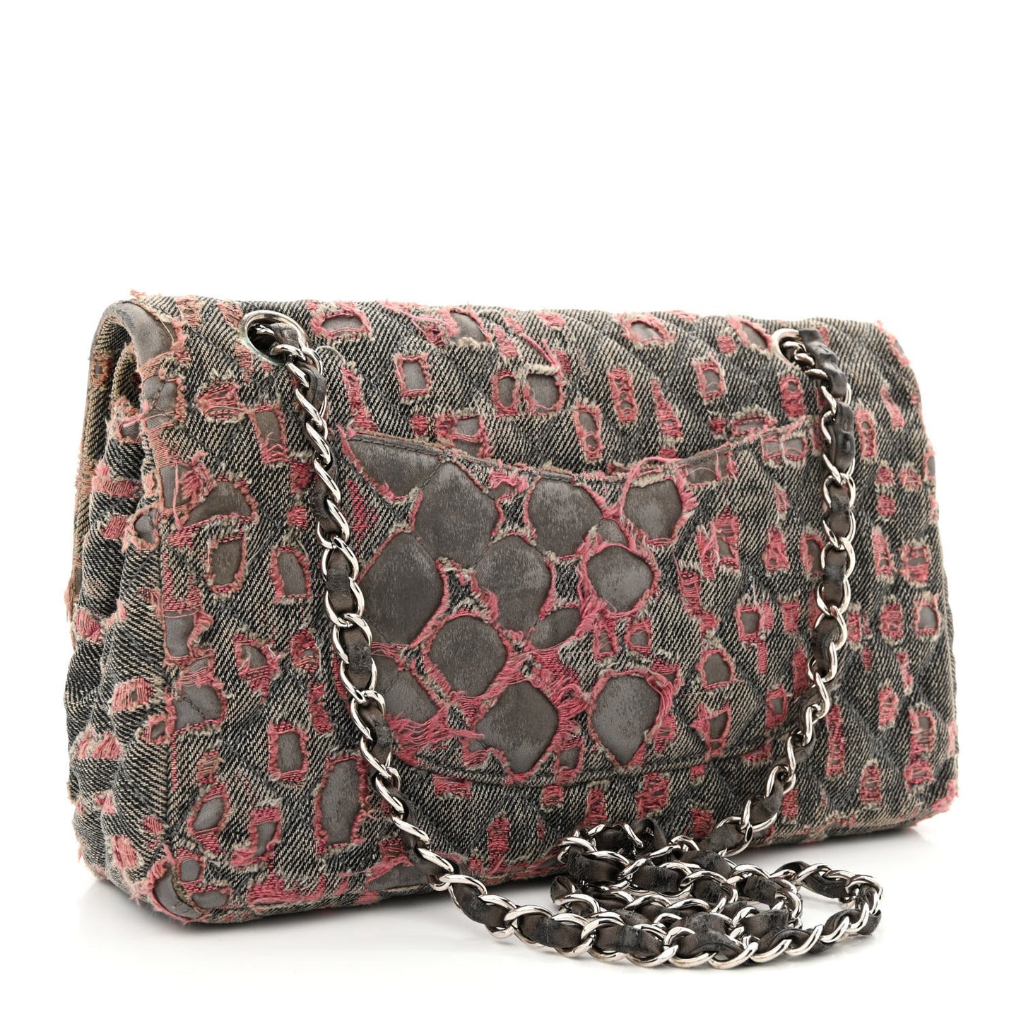 Distressed Denim Quilted Medium Double Flap Grey Pink