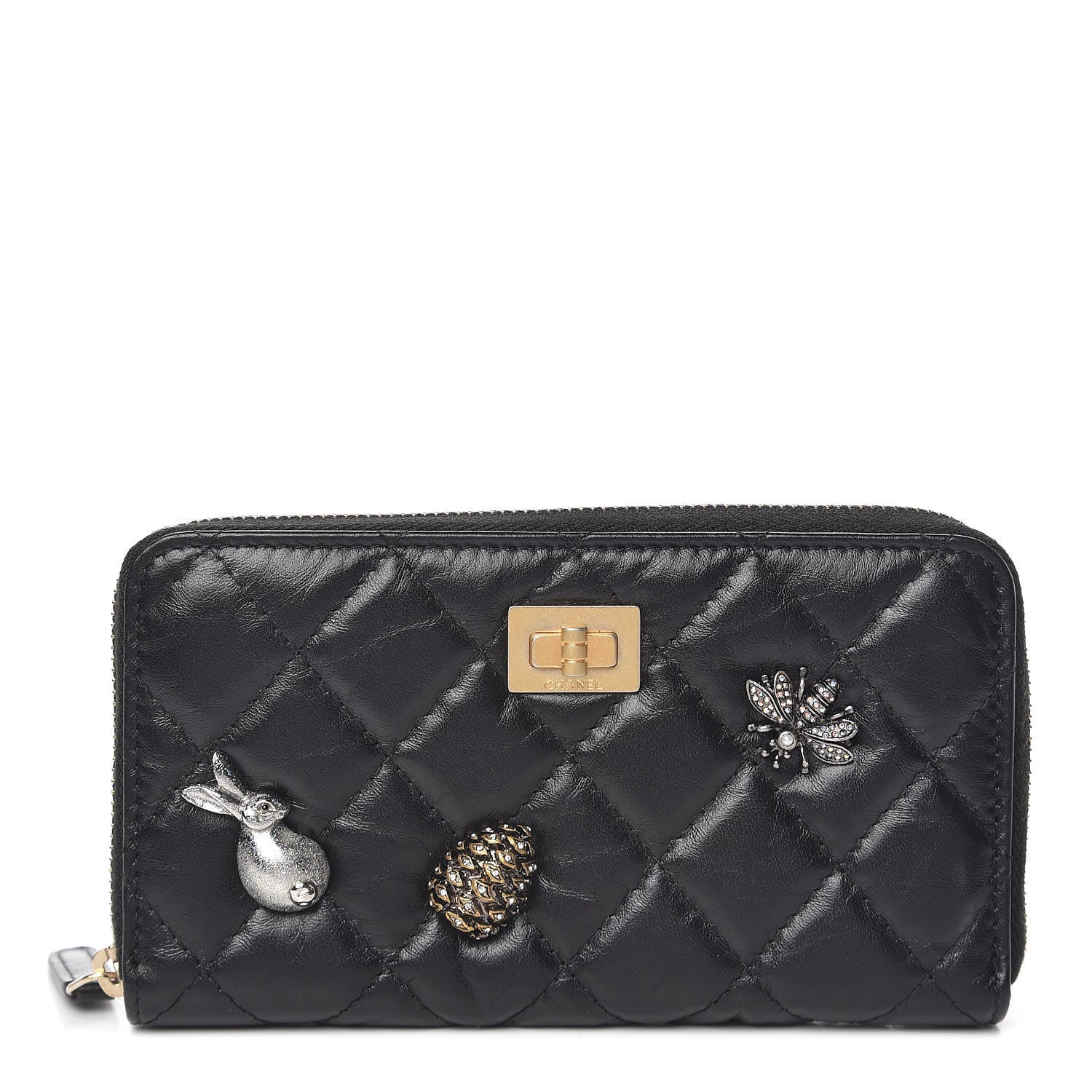 Chanel Aged Calfskin Quilted Medium Lucky Charms 2.55 Reissue Zip Around Wallet Black 1 of 9