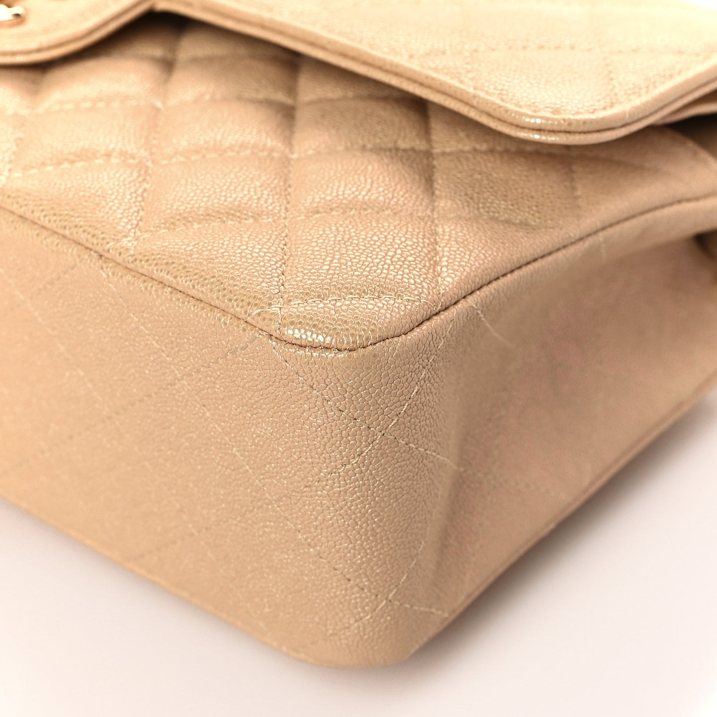 Iridescent Caviar Quilted Medium Double Flap Beige