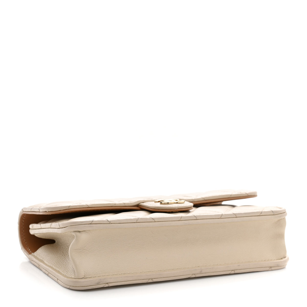 Lambskin Quilted Flap Phone Holder With Chain Ecru Dark Beige