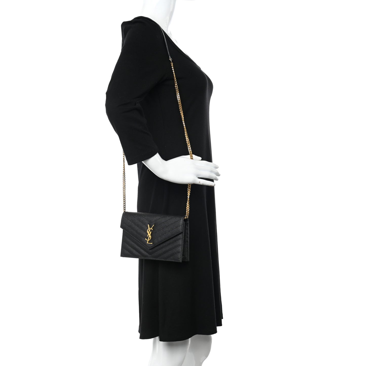 Grain De Poudre Matelasse Chevron Monogram Envelope Chain Wallet Black