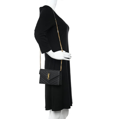 Saint Laurent Grain De Poudre Matelasse Chevron Monogram Envelope Chain Wallet Black 2 of 15