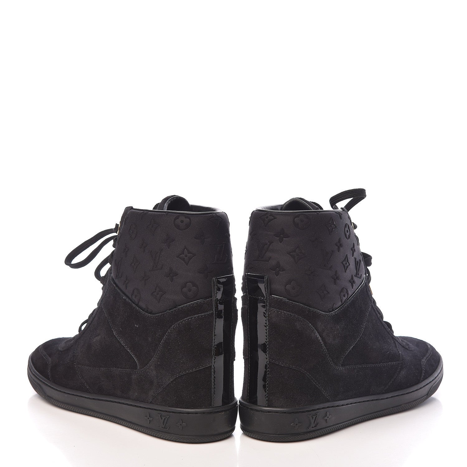 Louis Vuitton Calfskin Suede Monogram Cliff Top Wedge Sneakers 38.5 Black 6 of 14