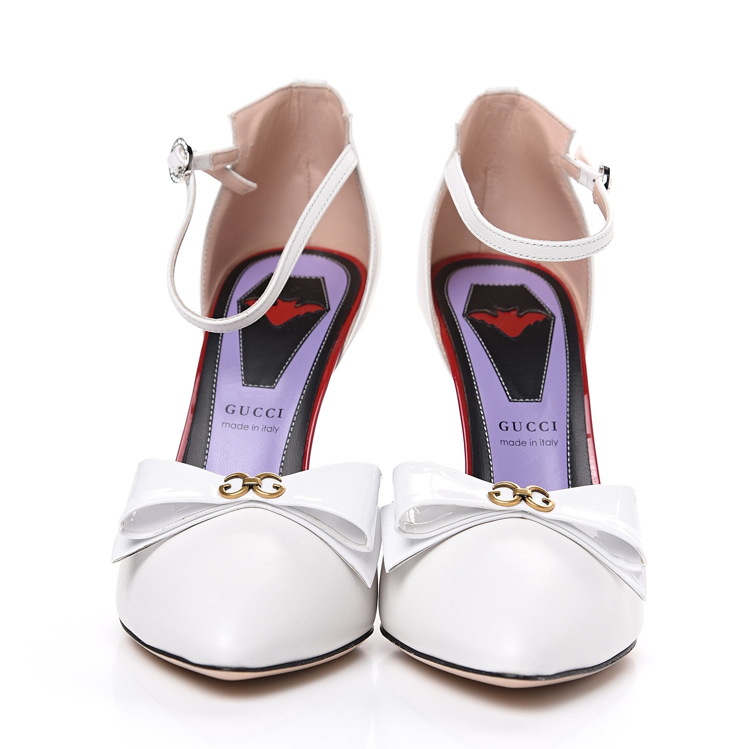 Gucci Calfskin Crystal GG Bow Sadie Spike Ankle Strap d'Orsay High Heel Pumps 38.5 White 2 of 7