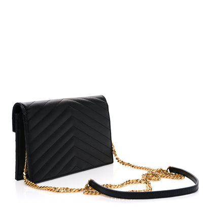 Saint Laurent Grain De Poudre Matelasse Chevron Monogram Envelope Chain Wallet Black 2 of 12