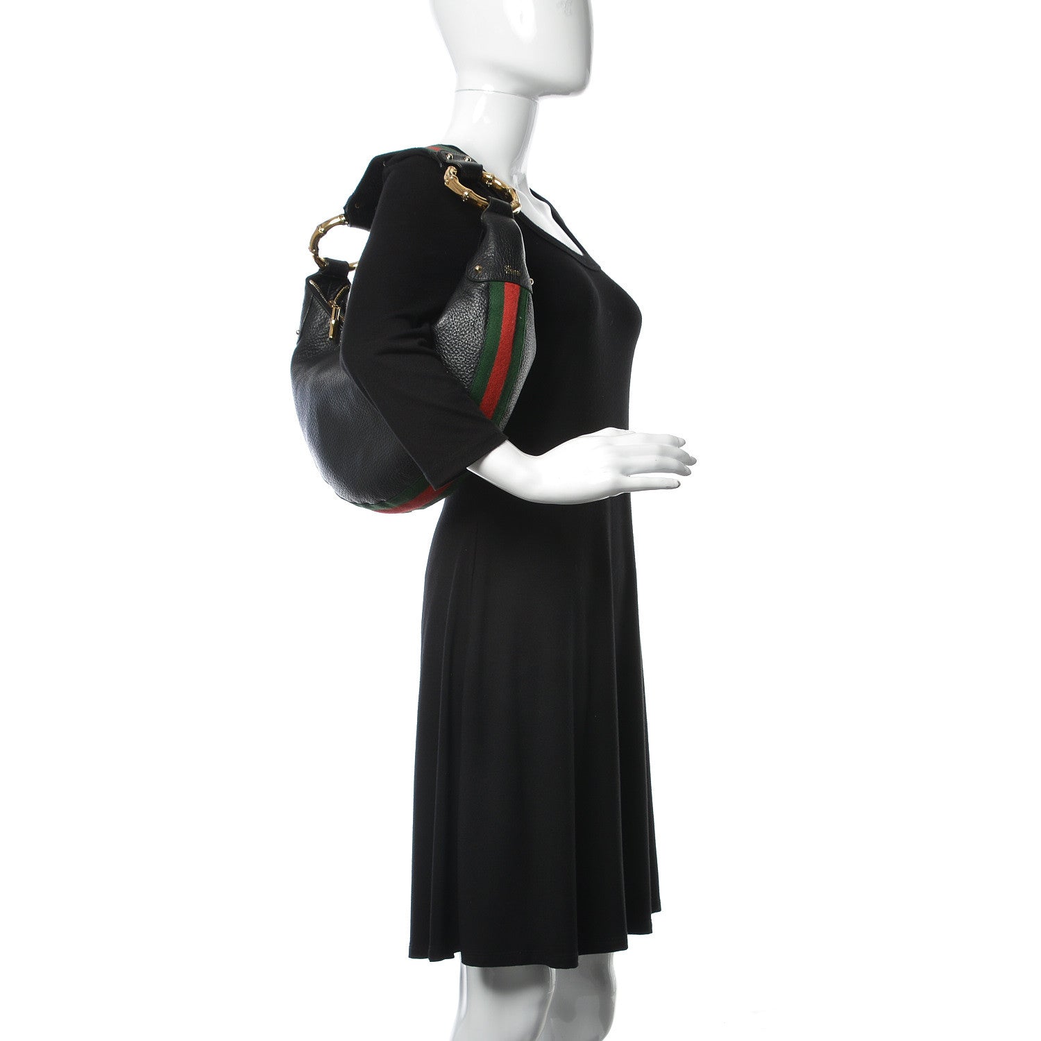 Gucci Pebbled Calfskin Web Bamboo Ring Hobo Black 2 of 11