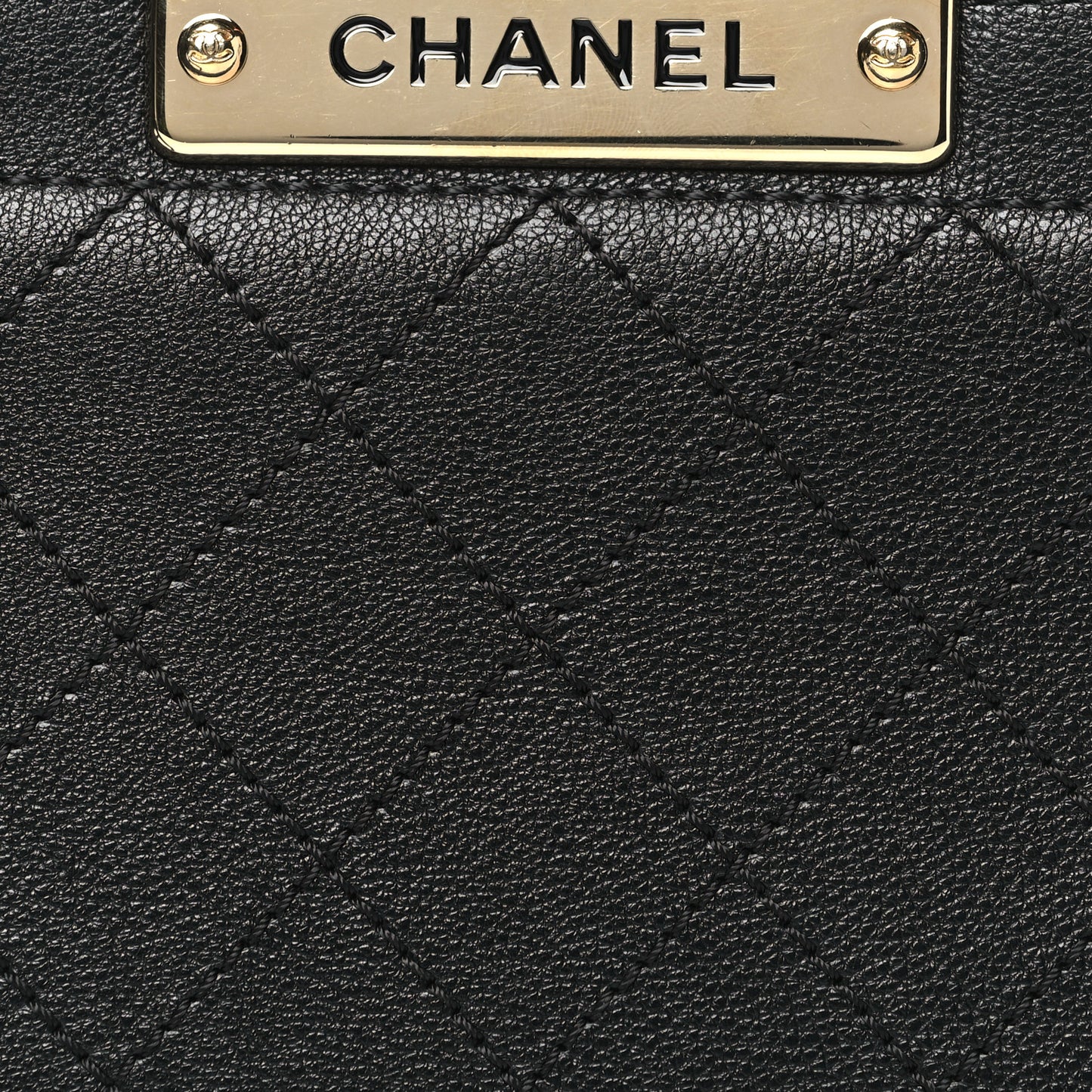 Grained Calfskin Stitched Mini Label Click Shopper Tote Black