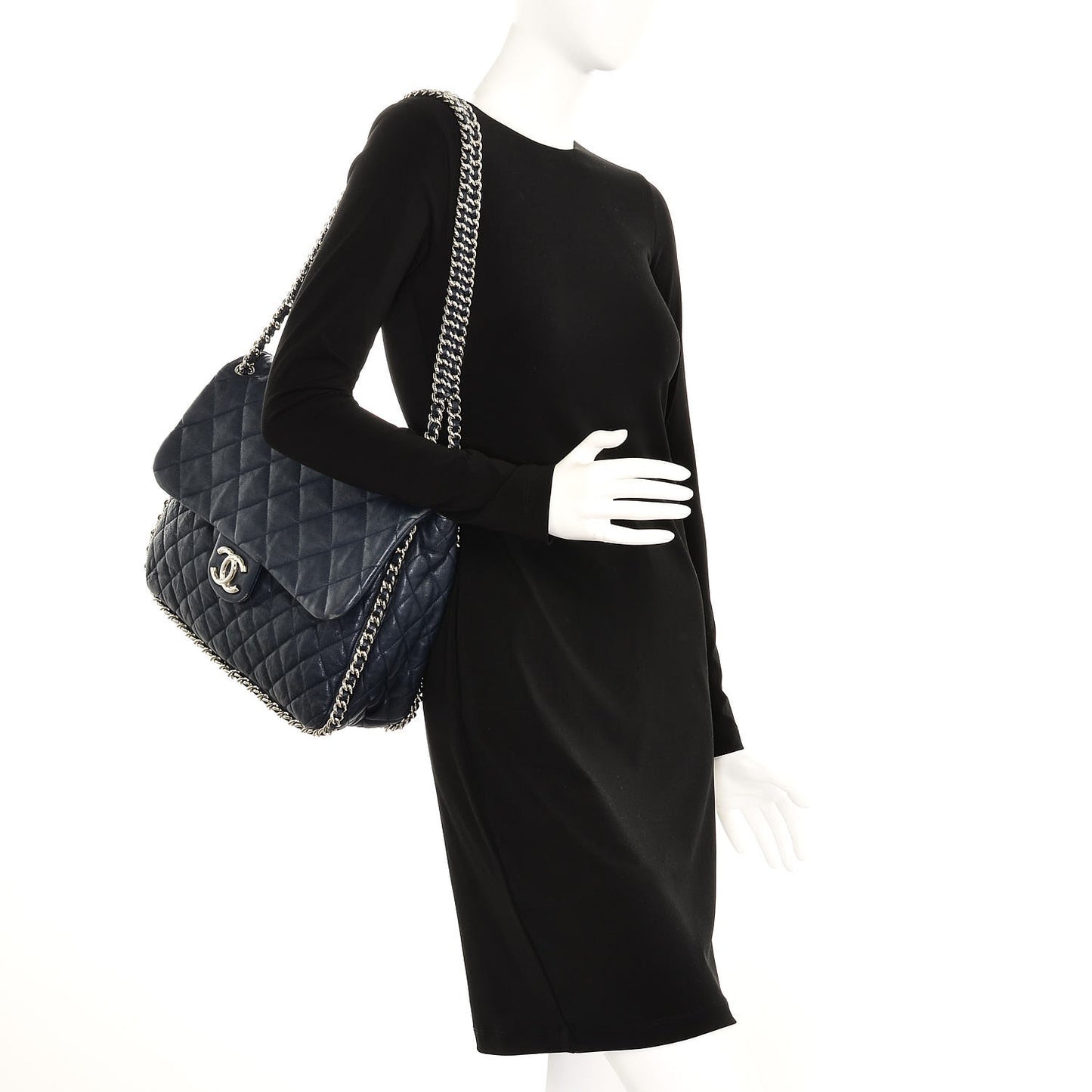 Washed Lambskin Quilted Chain Around Maxi Flap Dark Navy Blue